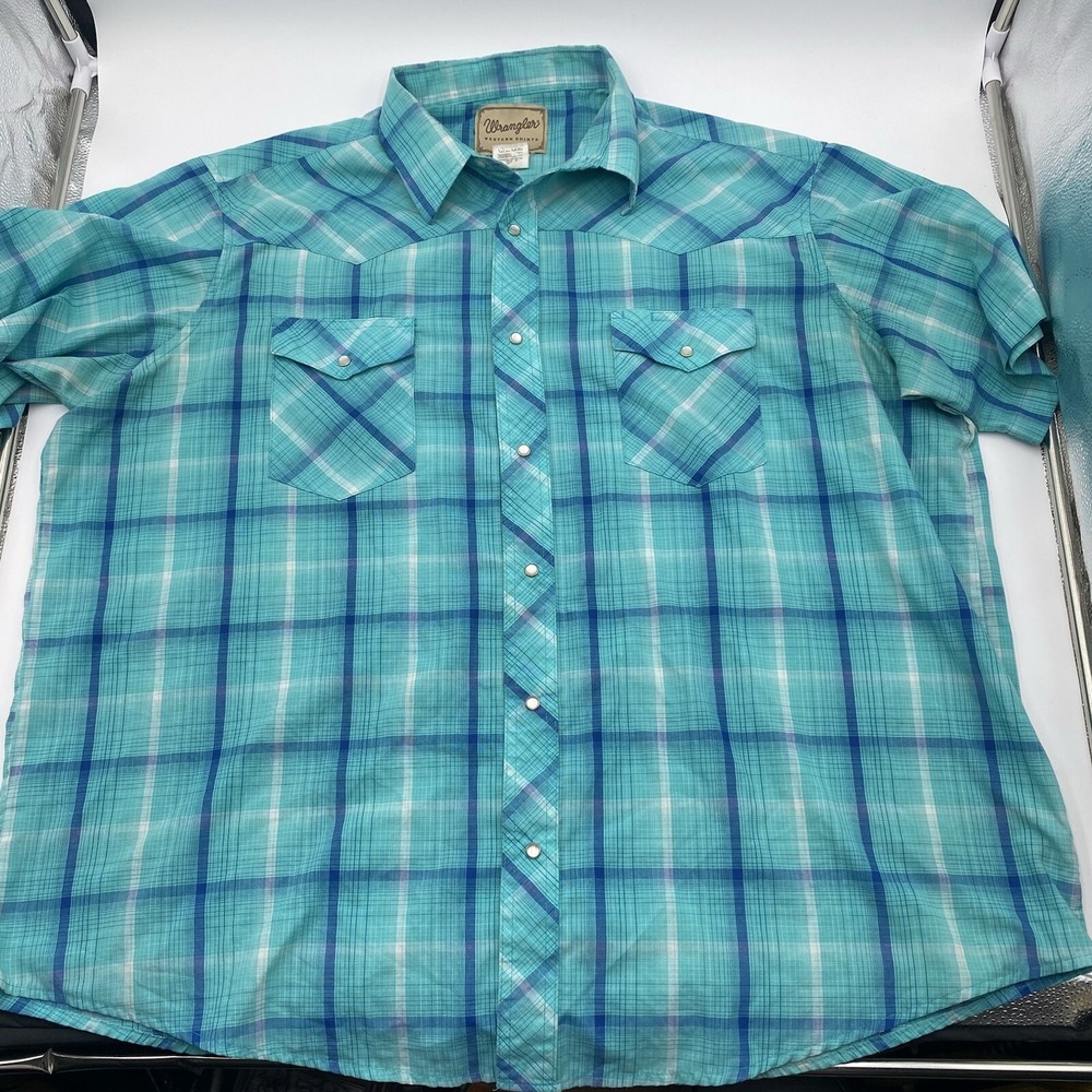 Wrangler Western Shirt Men's 2XL Pearl Snap Cowboy Plaid Teal‎ Blue Rodeo S/S